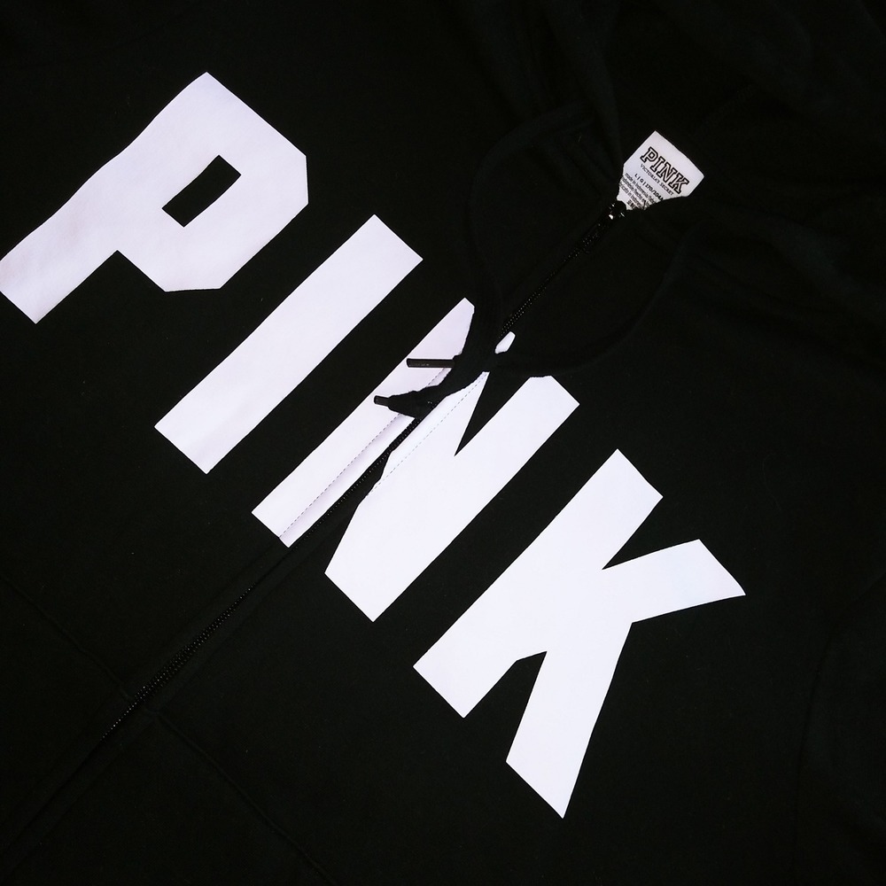 PINK by Victoria Secret Black Full Zip Hoodie White‎ Logo Women's Size M